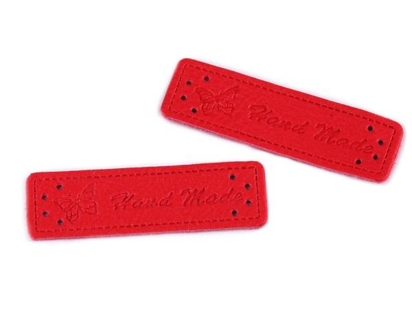 Applikation aus Kunstleder Hellrot Schrift Hand Made ca. 15x50 mm
